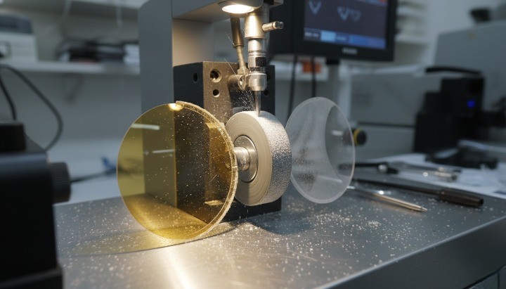 CR-39 lenses being shaped with cutting tools and lens grinder on optical workbench