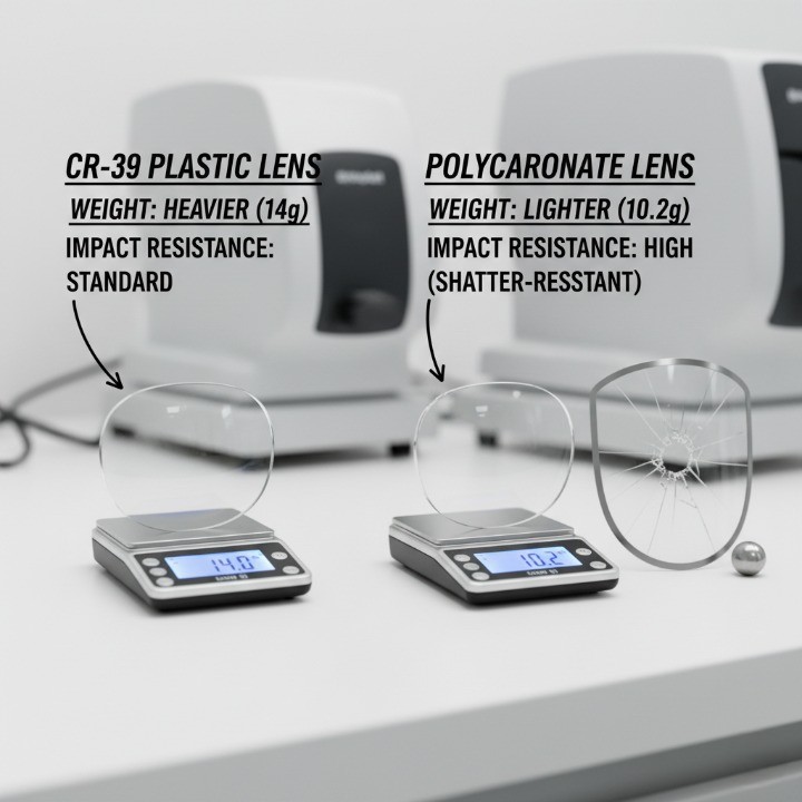 Comparison of CR-39 and polycarbonate lenses, highlighting weight and impact resistance
