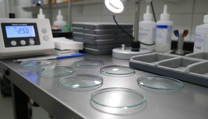 single vision lenses on optical inspection table showing uniform thickness and clarity