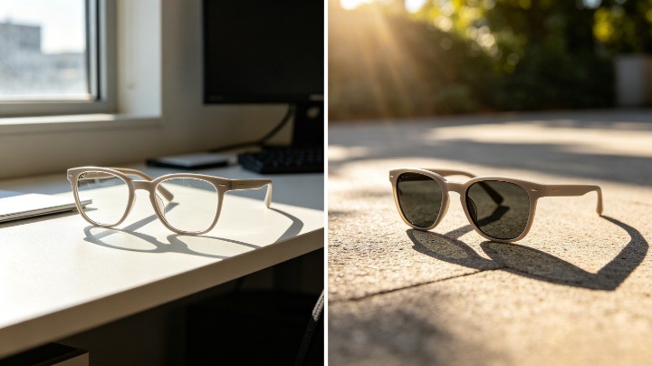 photochromic lenses changing from clear indoors to dark outdoors
