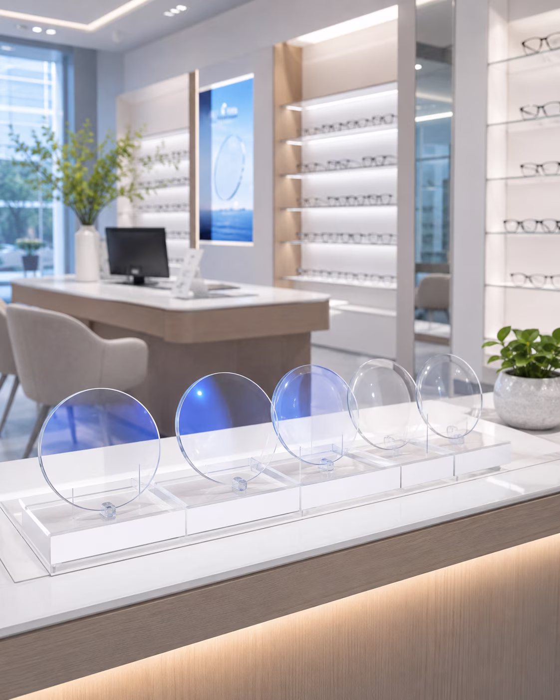 Progressive lens display for eyewear brands and retail programs