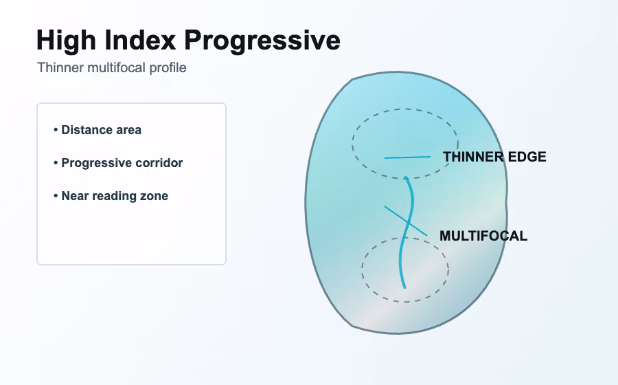 High index progressive lens option for thinner multifocal prescription lenses
