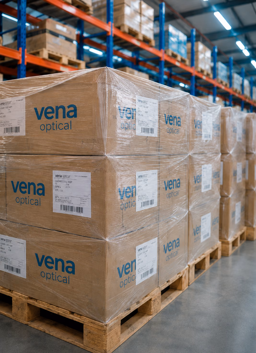 Palletized Vena Optical cartons for distributors and wholesalers