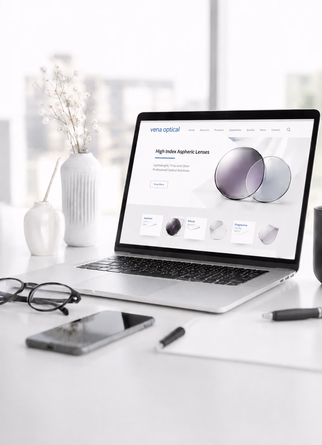 E-commerce eyewear brand laptop storefront for optical lens programs