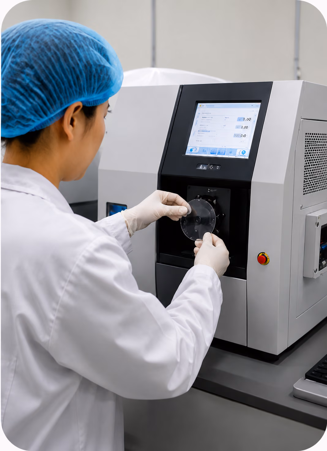 Optical lab technician processing lens blanks with precision equipment